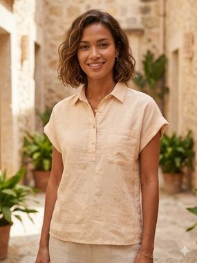 Mango | Short Sleeve Linen-Blend Shirt in Cream | Sz XXS